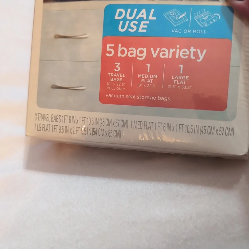 Sealed Ziploc Space Bags 5 Count Variety Pack 3 Travel 1 Large & Medium Flat